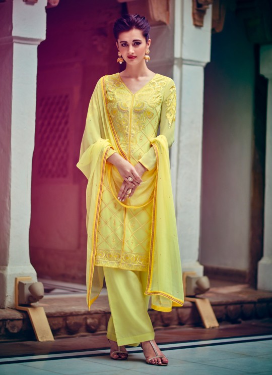 Yellow Georgette Pant Style Suit Kimora Heer 8912 SC/011239