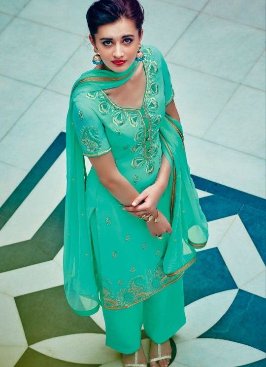 Turquoise Georgette Pant Style Suit Kimora Heer 8913 SC/011239