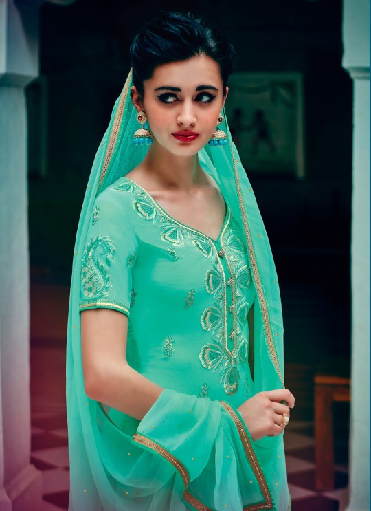 Turquoise Georgette Pant Style Suit Kimora Heer 8913 SC/011239