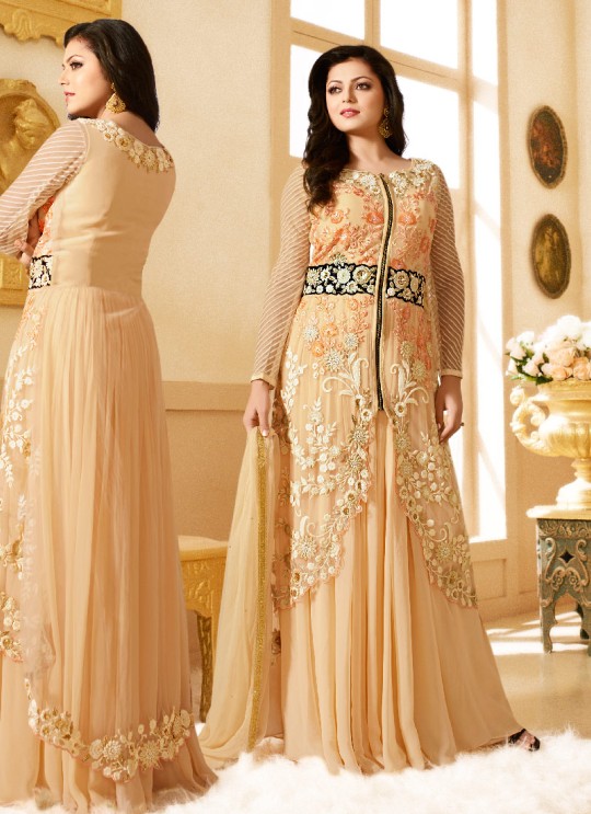 Gold Georgette Anarkali With Jacket Nitya 90 Series 90009 By Lt Fabrics