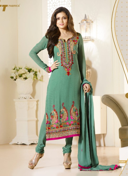 Green Faux Georgette Churidar Suit Nitya 94 Series 94009 By Lt Fabrics