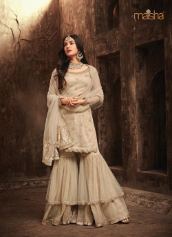 Cream Net Pakistani Sharara Kameez Roush 5701 By Maisha
