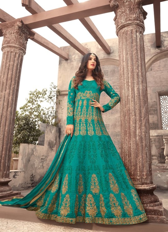 Green Banarsi Silk Floor Length Anarkali Zuaan 5206 By Maisha