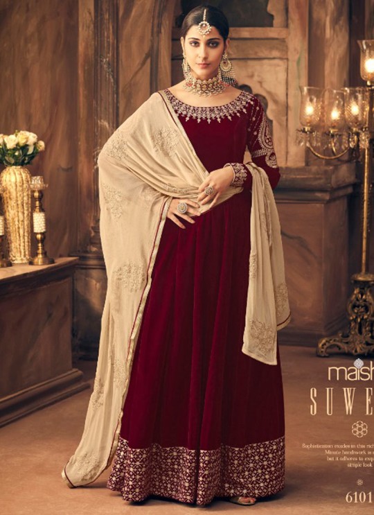 Maroon Velvet Gown Style Anarkali Qadira 6101 By Maisha