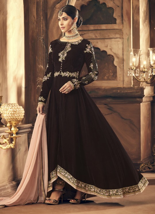 Brown Velvet Gown Style Anarkali Maleekah 6204 By Maisha