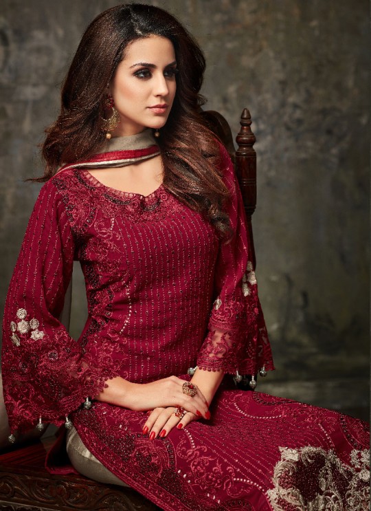 Maroon Georgette Pant Style Suit GLAMOUR VOL 42 42001 By Mohini Fashion