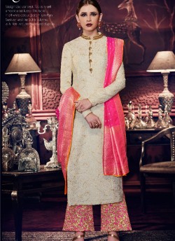 Cream N Pink Tussar Silk Pant Style Suit 11055 By Nakkashi