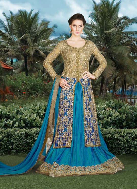 Blue, Gold Net, Art Silk Designer Salwar Suit  4901B By Swagat NX