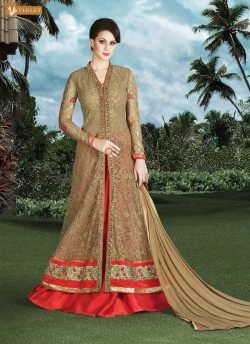 Beige, Red Silk Pant Style Suit  4910 By Swagat NX
