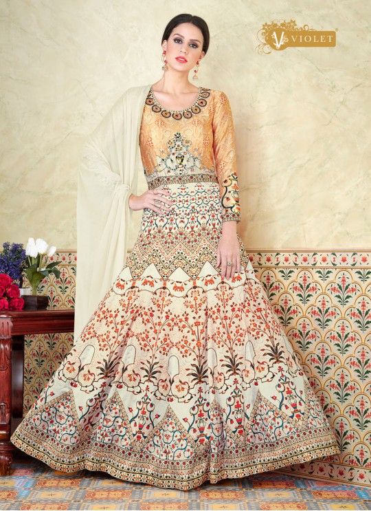 Cream Modal Satin Gown Style Anarkali Suit  5303 By Swagat NX