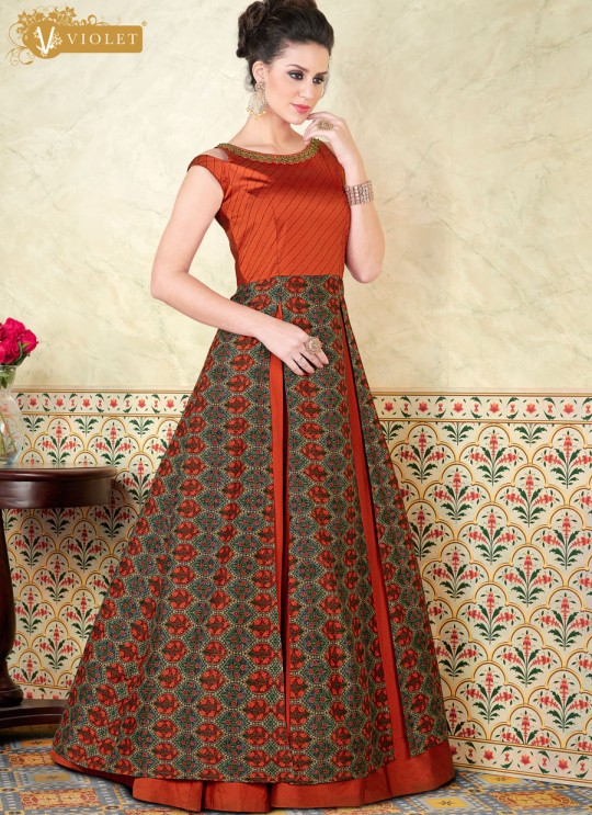 Orange Tussar Silk Gown Style Suit  5304 By Swagat NX