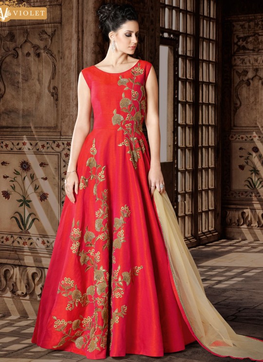 Crimson Red Art Silk Gown Style Suit  5404 By Swagat NX