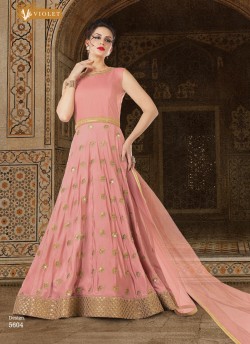 Peach Silk Floor Length Anarkali With Crop Top  5604 By Swagat NX