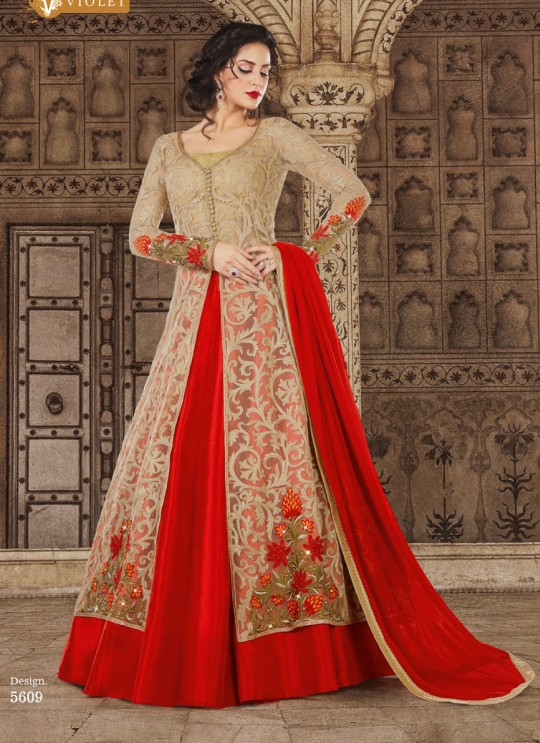 Red, Gold Net Pant Style Suit  5609 By Swagat NX