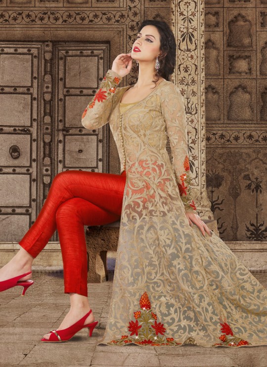 Red, Gold Net Pant Style Suit  5609 By Swagat NX