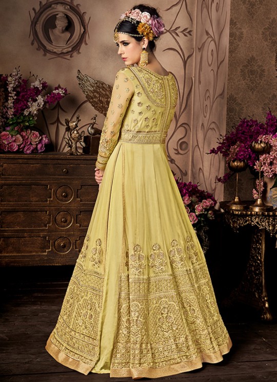 Yellow Net Anarkali With Cape Cop Sybella-101