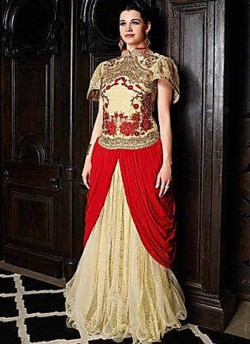 Beige N Red Net Gown Style Anarkali Sybella-4