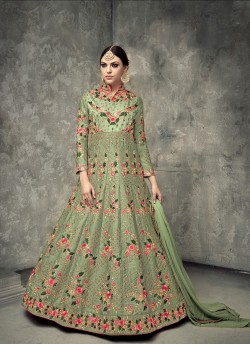 Green Tussar Silk Floor Length Anarkali Sybella-403