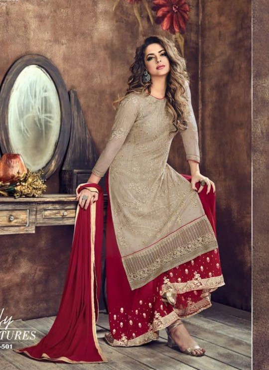 Beige N Red Net Palazzo Suit Sybella- 501