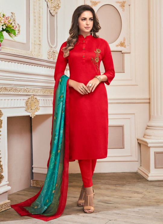 Red Cotton Churidar Suit Kavya Vol-1 7007 By Vardan Size XL Red Cotton Churidar Suit Kavya Vol-1 7007 By Vardan Size XL
