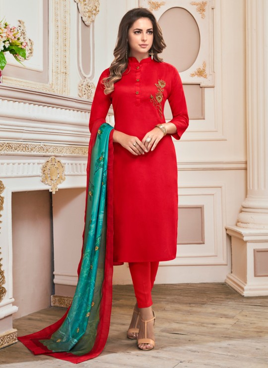 Red Cotton Churidar Suit Kavya Vol-1 7007 By Vardan  Size XL