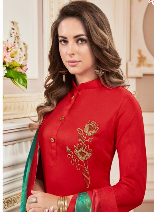 Red Cotton Churidar Suit Kavya Vol-1 7007 By Vardan Size XL Red Cotton Churidar Suit Kavya Vol-1 7007 By Vardan Size XL