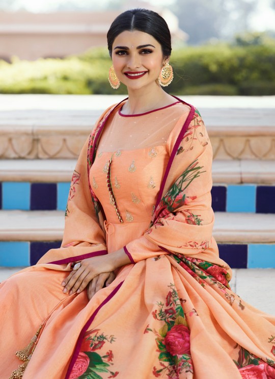 Peach Silk Gown Style Anarkali Tumbaa Primetime 35252 By Vinay Fashion