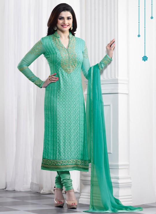 Sea Green Faux Georgette Churidar Suit Kaseesh Blue Star 5289 By Vinay Fashion