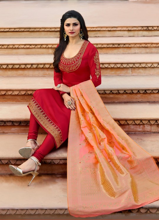 Red Satin Churidar Suit Kaseesh Banaras 6902 By Vinay Fashion