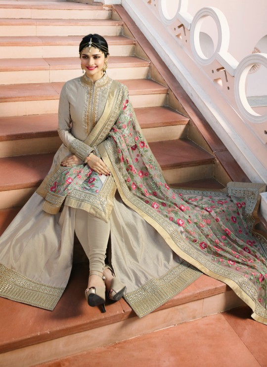 Beige Silk Floor Length Anarkali Raj Mahal 7174 By Vinay Fashion