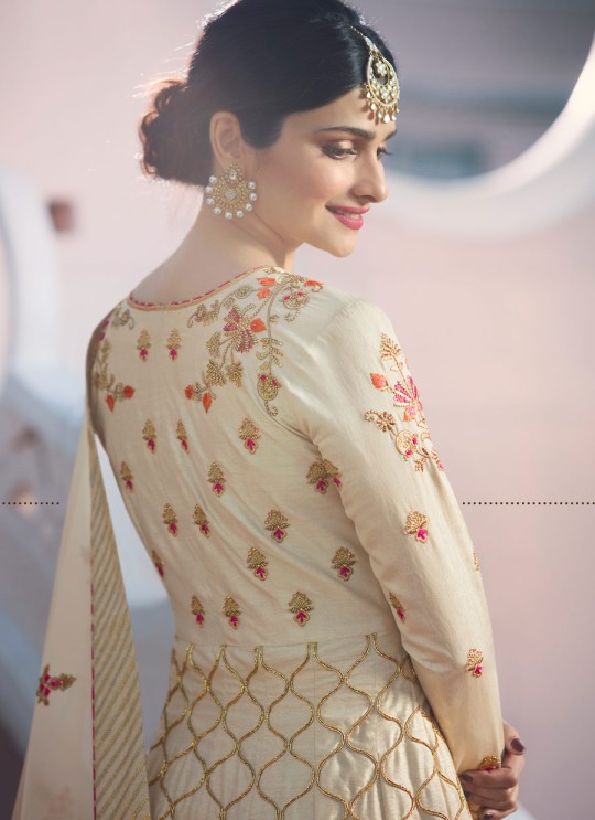 Cream Silk Floor Length Anarkali Raj Mahal 7176 By Vinay Fashion