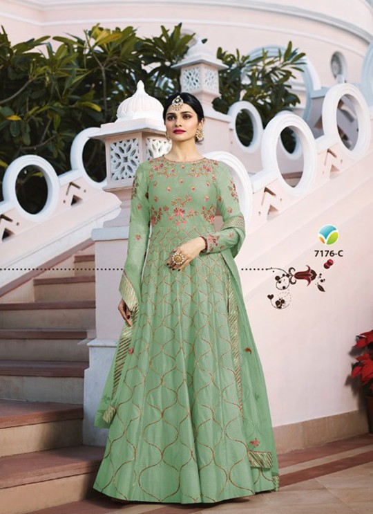 Green Silk Floor Length Anarkali Raj Mahal 7176C By Vinay Fashion