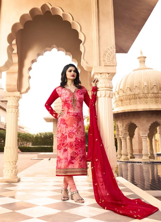 Red Brasso Georgette Straight SuitS Victoria Vol 2 7353 By Vinay Fashion