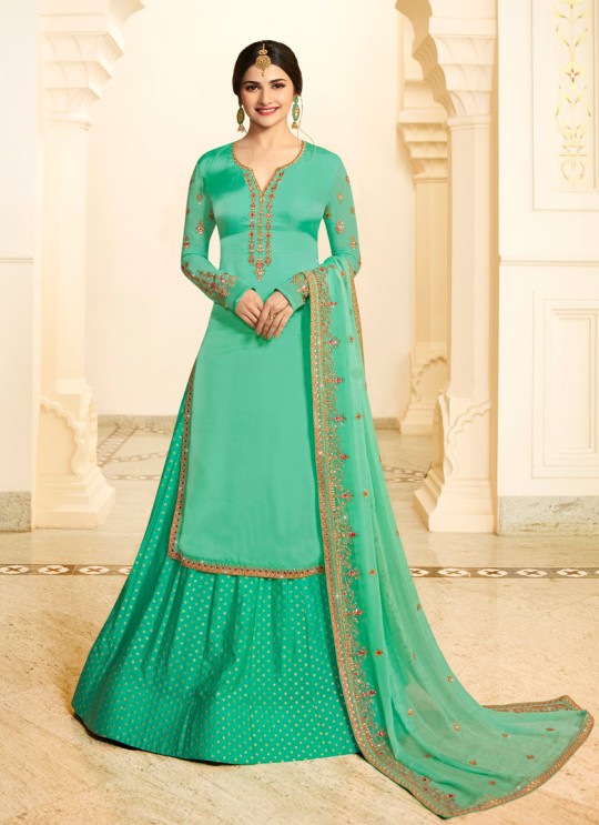 Green Georgette Satin Skirt Kameez Kaseesh Fortune 7534 By Vinay Fashion