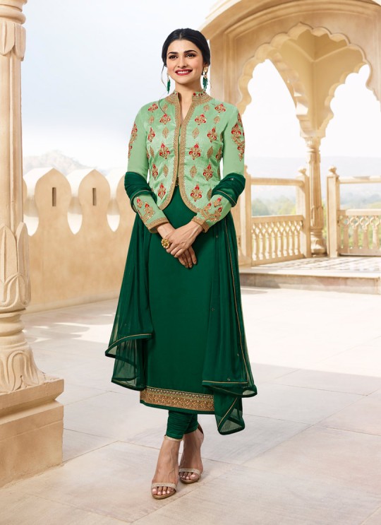 Green Georgette Satin Jacket Style Suit Kaseesh Fortune 7536 By Vinay Fashion