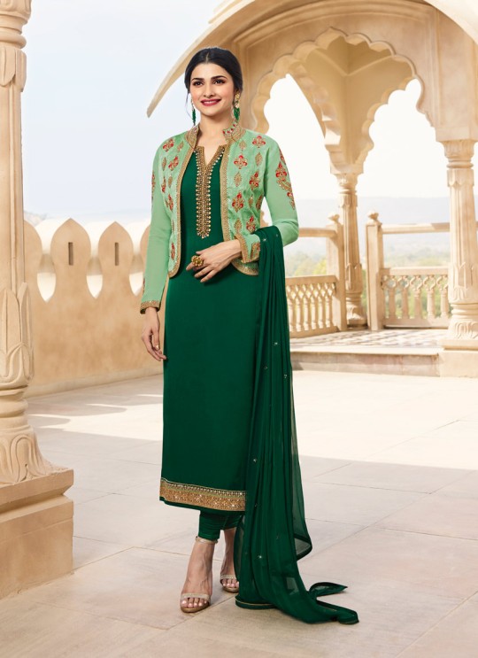 Green Georgette Satin Jacket Style Suit Kaseesh Fortune 7536 By Vinay Fashion