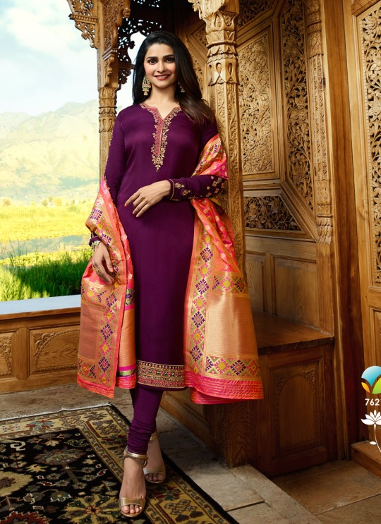 Purple Satin Churidar Suits Banaras 2 7621 By Vinay Fashion
