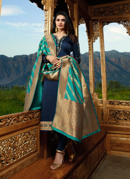 Royal Blue Satin Churidar Suits Banaras 2 7622 By Vinay Fashion