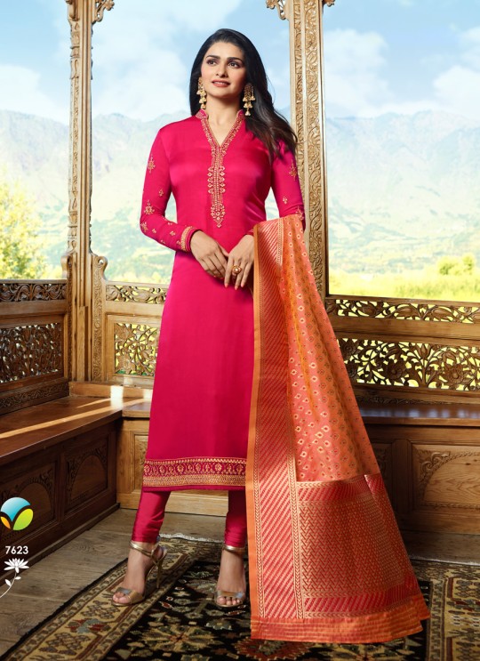 Pink Satin Churidar Suits Banaras 2 7623 By Vinay Fashion