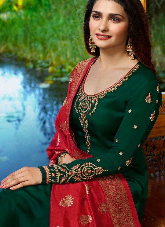 Green Satin Churidar Suits Banaras 2 7625 By Vinay Fashion