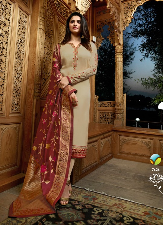 Beige Satin Churidar Suits Banaras 2 7626 By Vinay Fashion