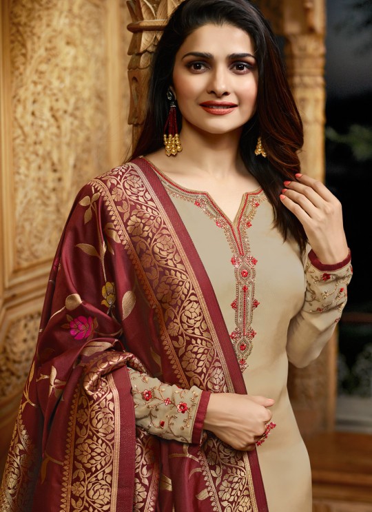 Beige Satin Churidar Suits Banaras 2 7626 By Vinay Fashion