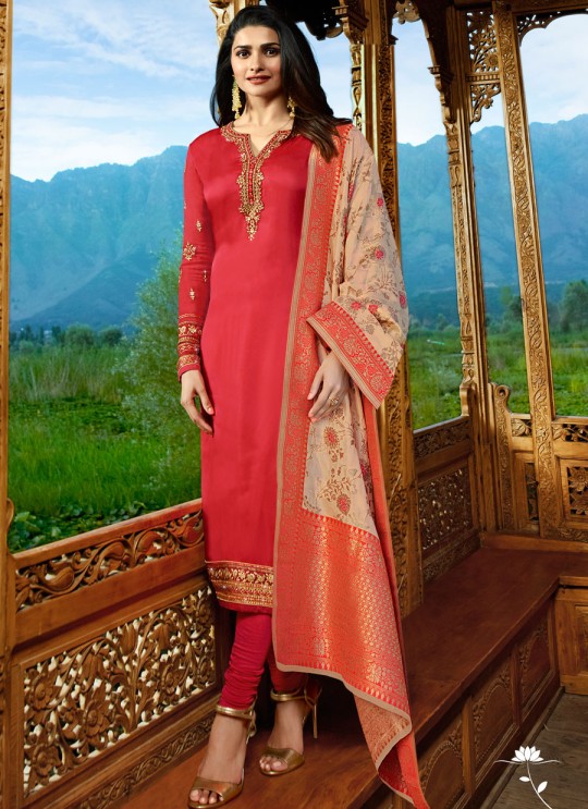 Red Satin Churidar Suits Banaras 2 7627 By Vinay Fashion