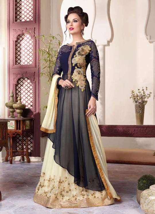 Blue Net Gown Style Anarkali By Vipul Fashion Vipul-3801