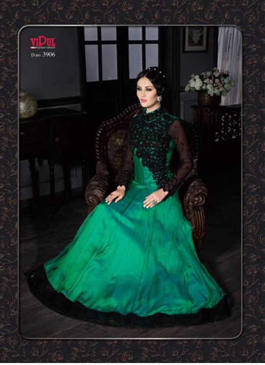 Green Art Silk Gown Style Anarkali By Vipul Fashion Vipul-3906A GREEN