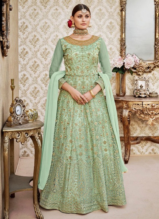 Green Net Floor Length Anarkali By Vipul Fashion VIPUL-4405