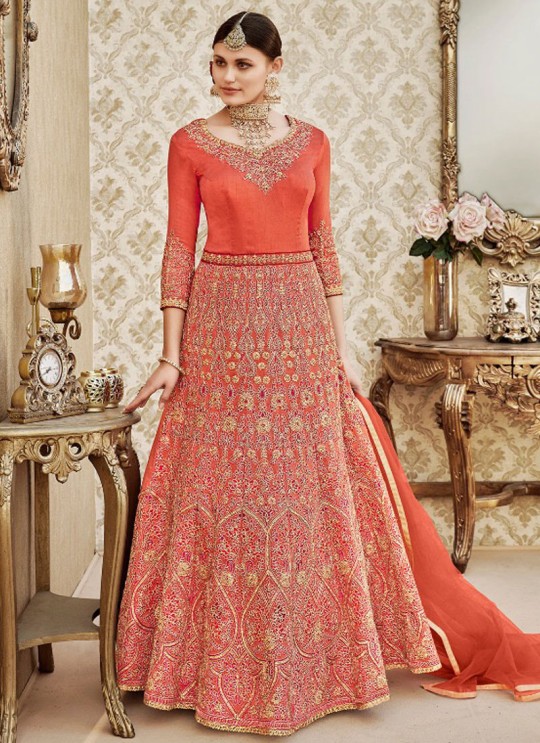 Orange Silk Floor Length Anarkali By Vipul Fashion VIPUL-4406