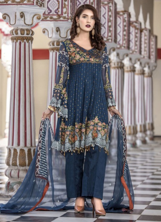 Blue Faux Georgette Pant Style Suit Maryams 1003 By Volono Trendz