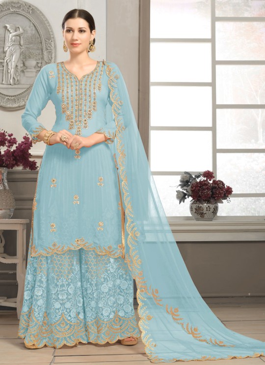 Turquoise Faux Georgette Sharara kameez Bridal Vol-2 2003 By Volono Trendz