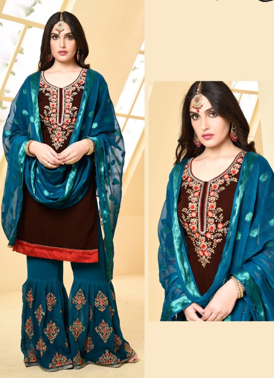 Brown Faux Georgette Pakistani Sharara Suit SHEHZADI 2890 By Your Choice